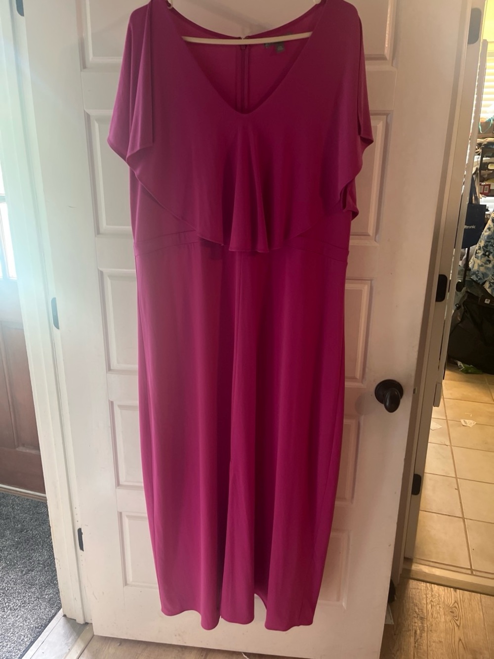 Jessica London Magenta V-Neck Ruffle Maxi Dress